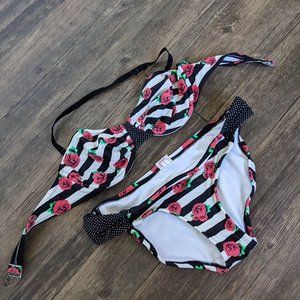 Rose Print White Black Pink BIKINI BANDEAU - Women's S/M